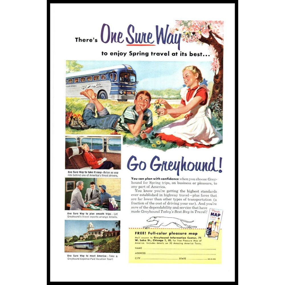 1953 Greyhound Bus Lines Vintage Print Ad Spring Travel Flowers Wall Art Drawing